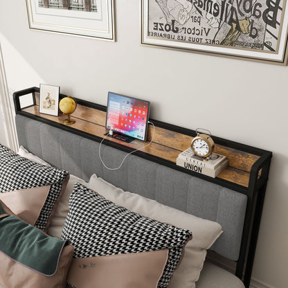 Bed With Charging Station, American Design Upholstered Headboard, Metal Platform Home Essentials