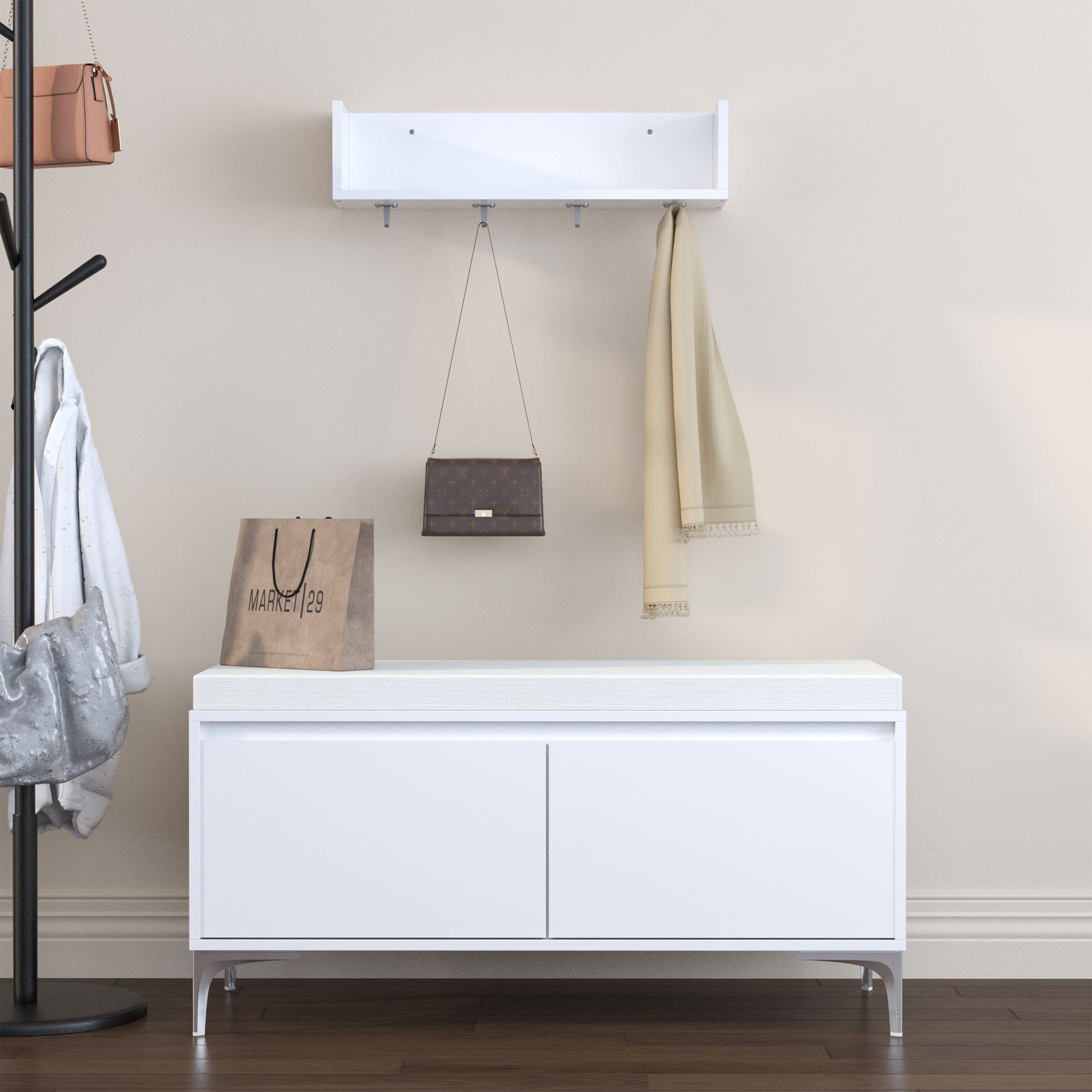 Wall Mounted Entryway Shelf With Hooks And Storage Bench Set - Off White Home Essentials