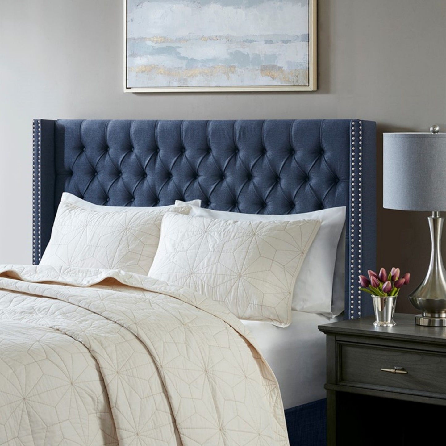 Transitional Upholstery Headboard With Tufted Buttons And Nailhead Trim JLA