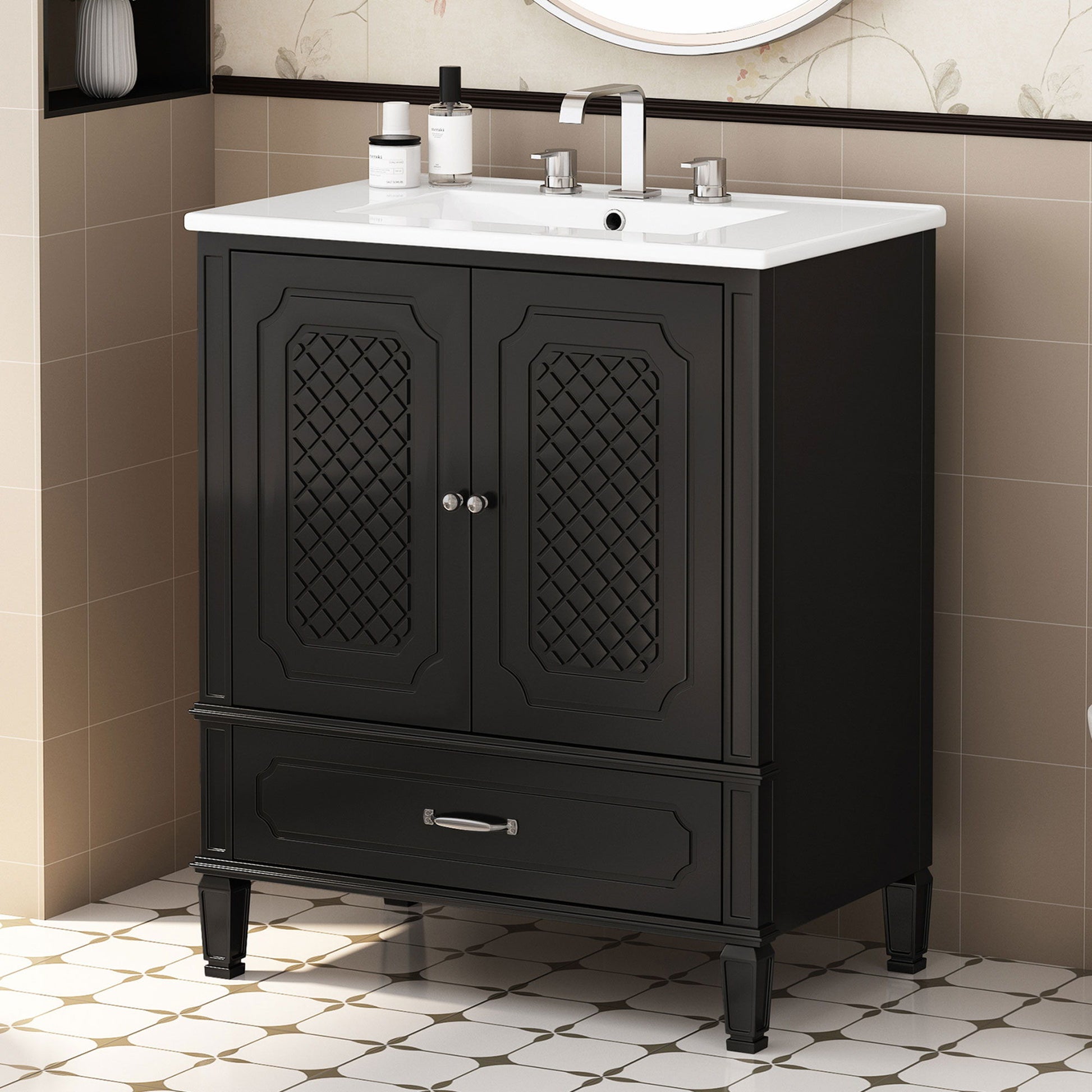 Vintage Style Bathroom Vanity With Sink, Multi Functional Storage, Soft-Closing Door Noble House