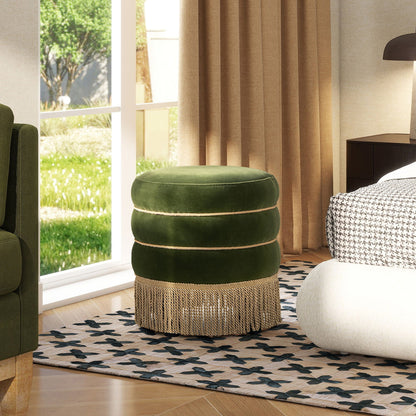 Edward - Round Upholstered Ottoman With Bullion Fringe - Olive Green Jennifer Taylor Home