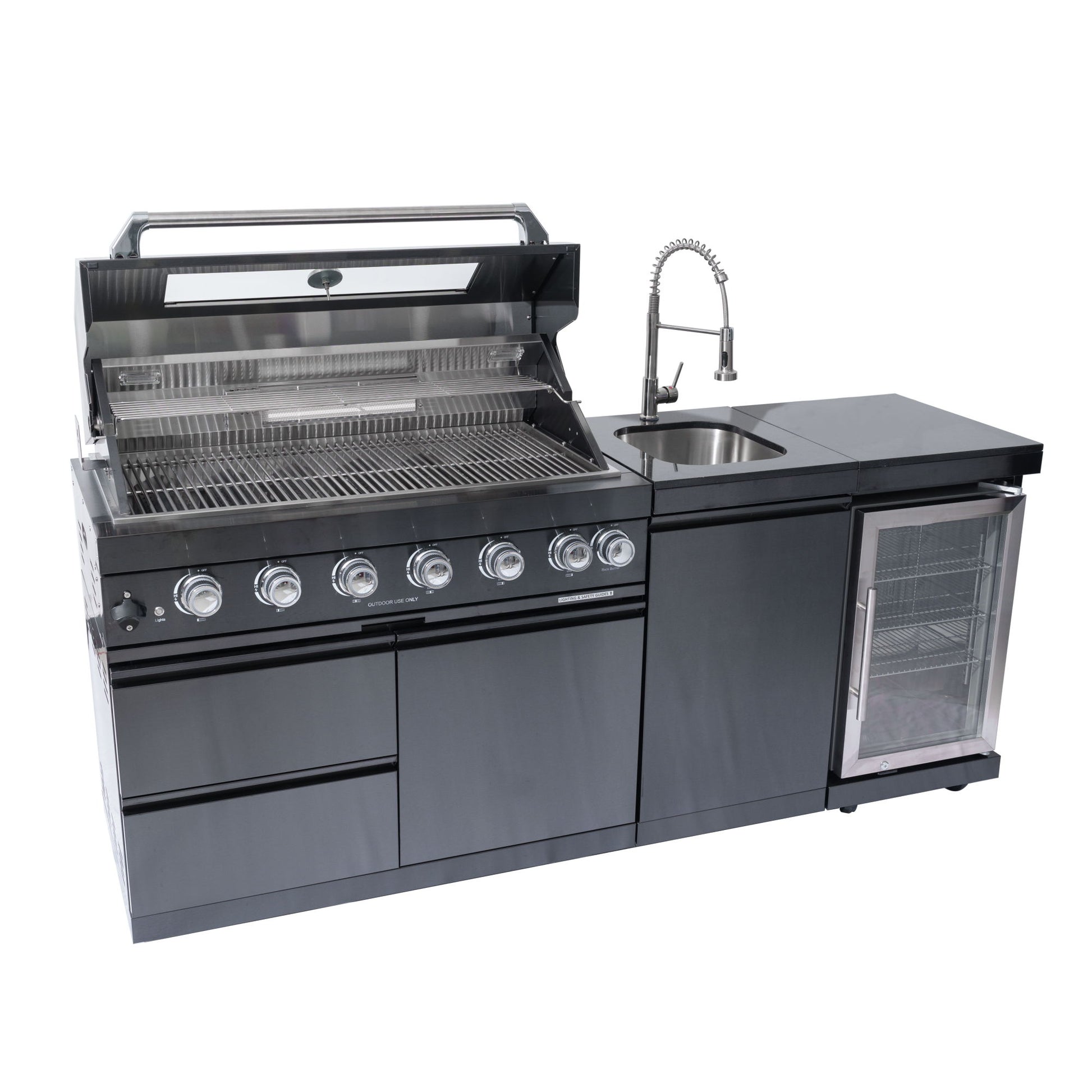 6 Burner 85, 000 Btu Outdoor Kitchen Island Grill With Wine Cooler Refrigerator, Rotisserie Kit, Granite Countertops & Sink - Black Daily Nest
