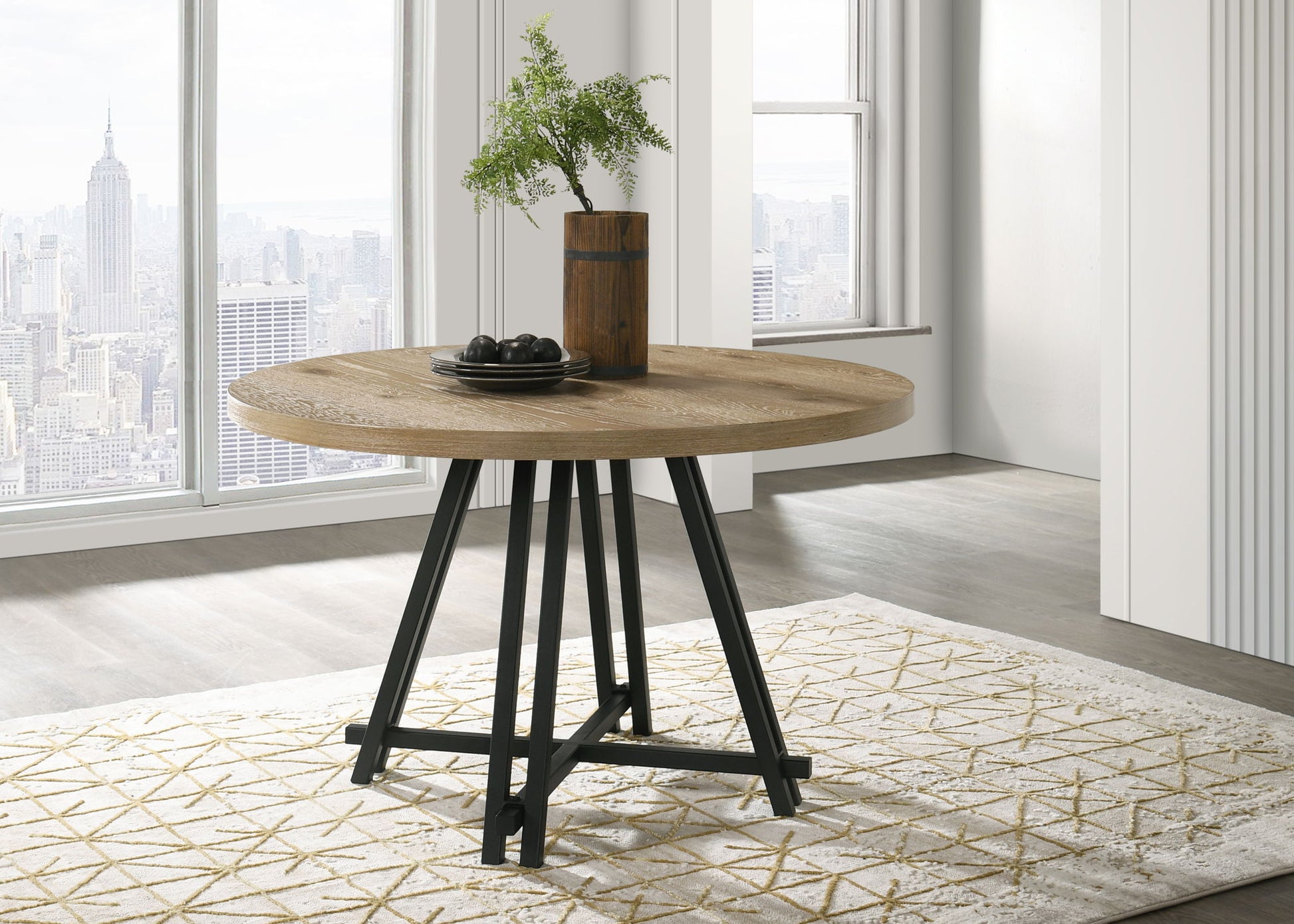 Tate - Round Dining Table With Metal Base - Oak Finish Lilola Home