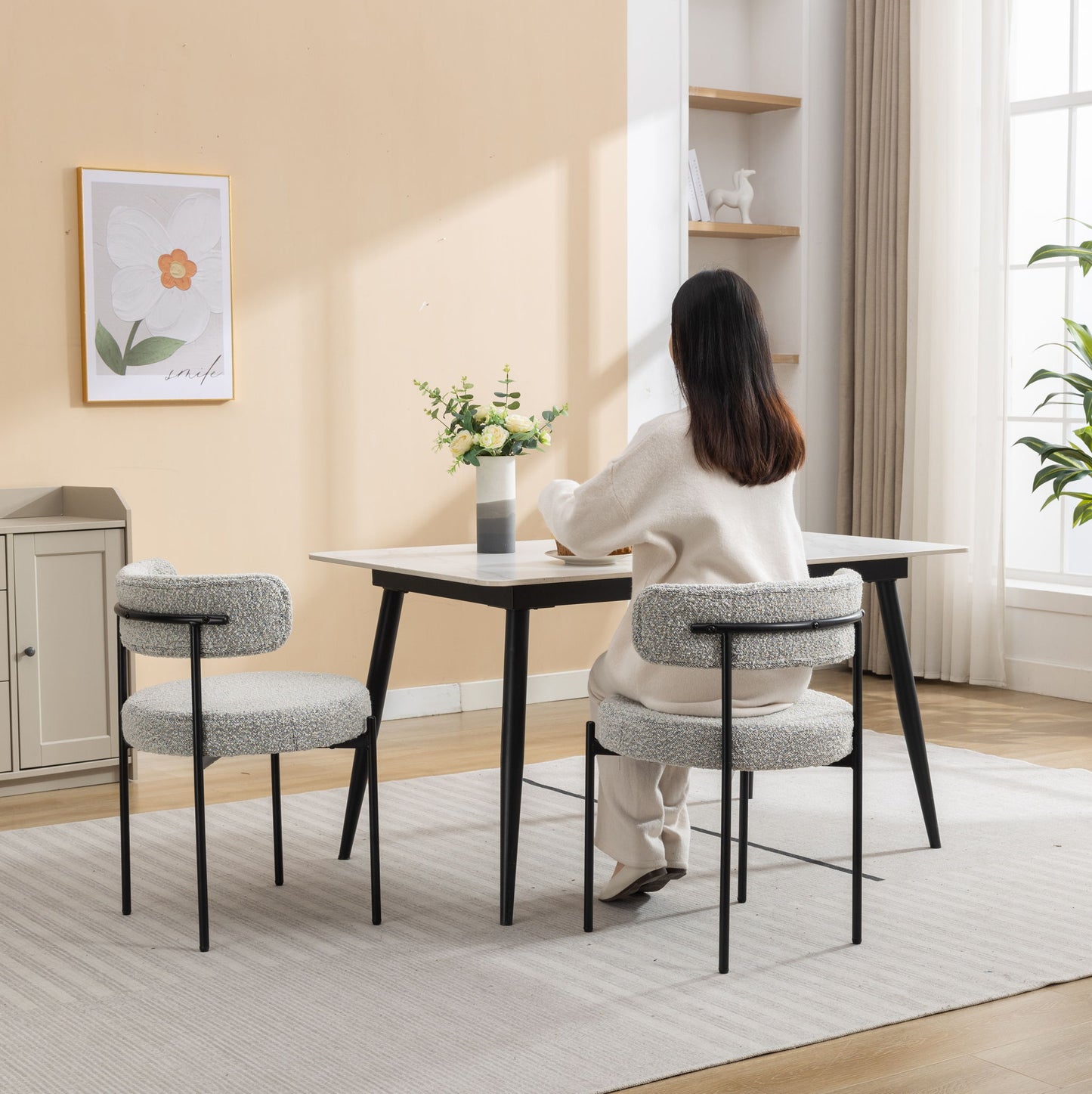 Burbank - Modern Round Boucle Dining Chairs (Set of 2) - Black / White Home Essentials