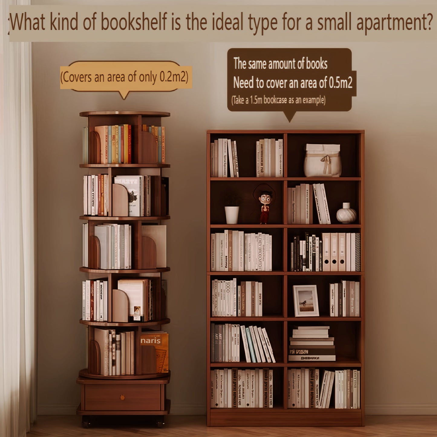 6 Tier Rotating Bookshelf With Wheels, 360° Wood Corner Bookcase Organizer For Small Spaces - Walnut Brown