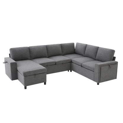 U - Shaped Convertible Sectional Sofa Bed With Storage, USB Charger & Cup Holders Hearth and Haven