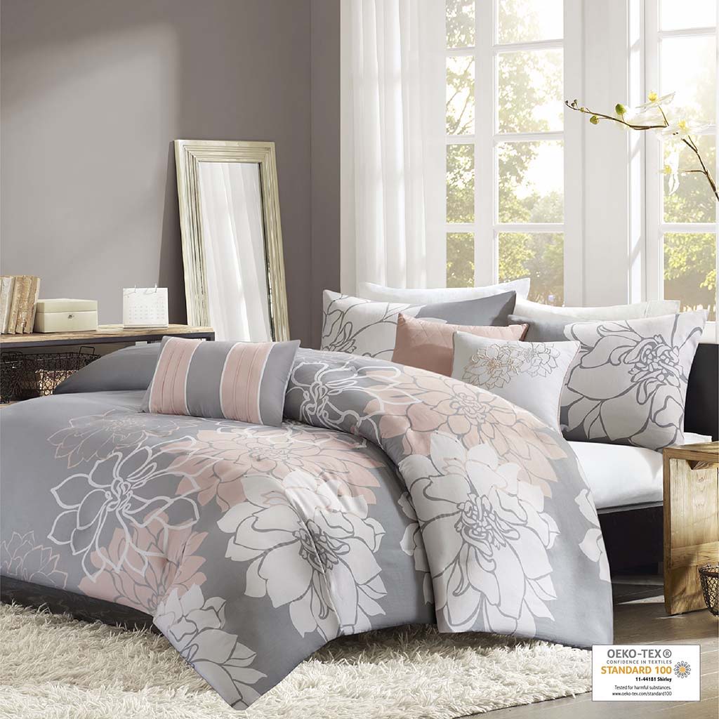 Lola - 6 Piece Printed Duvet Cover Set - Gray / Blush Madison Park