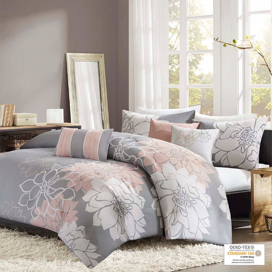 Lola - 6 Piece Printed Duvet Cover Set - Gray / Blush Madison Park
