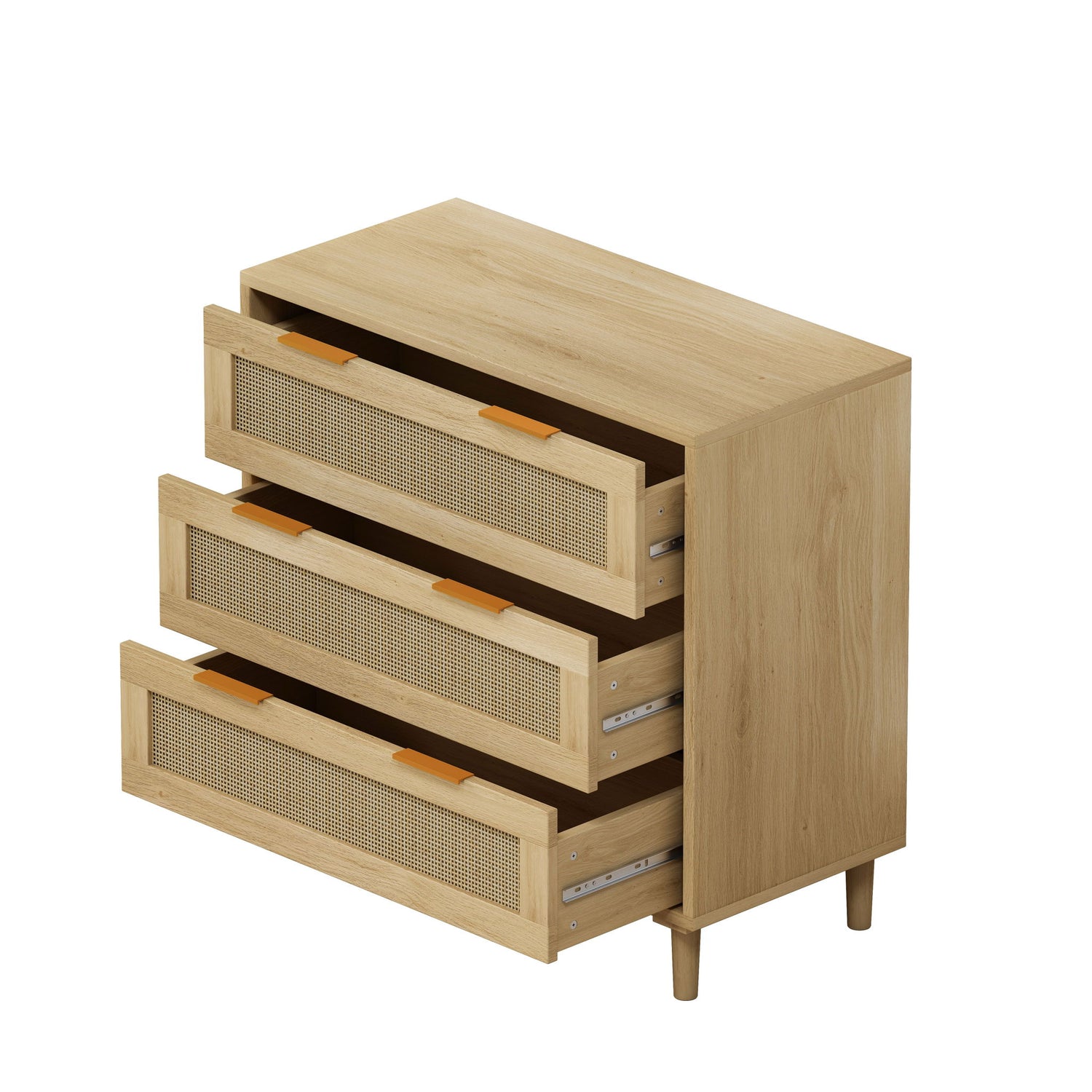 3 Drawer Storage Cabinet With Rattan Drawers For Bedroom, Living Room - Oak Home Essentials
