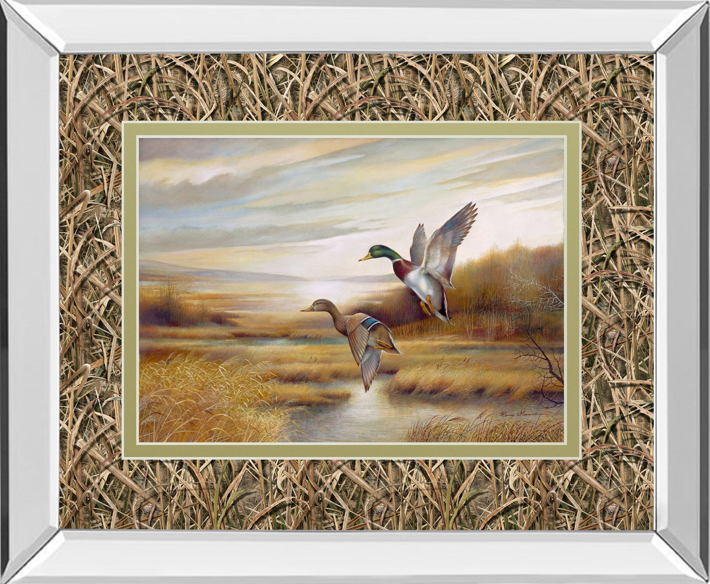 34x40 Mallards By Ruanne Manning And Mossy Oak Native Living - Mirror Framed Print Wall Art - Dark Brown