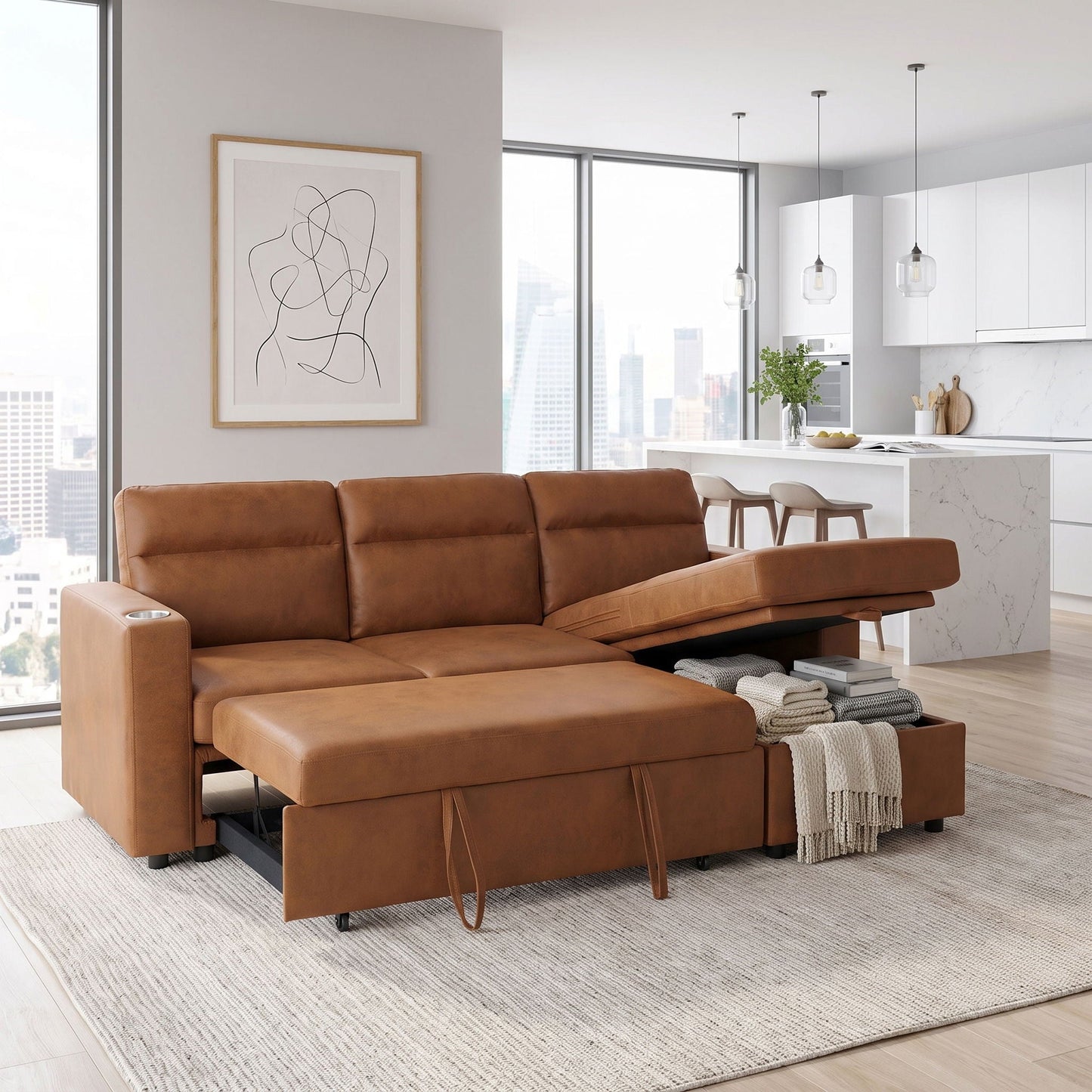 Convertible L - Shaped Sectional Sofa Bed With Storage Chaise, Cup Holders Home Essentials