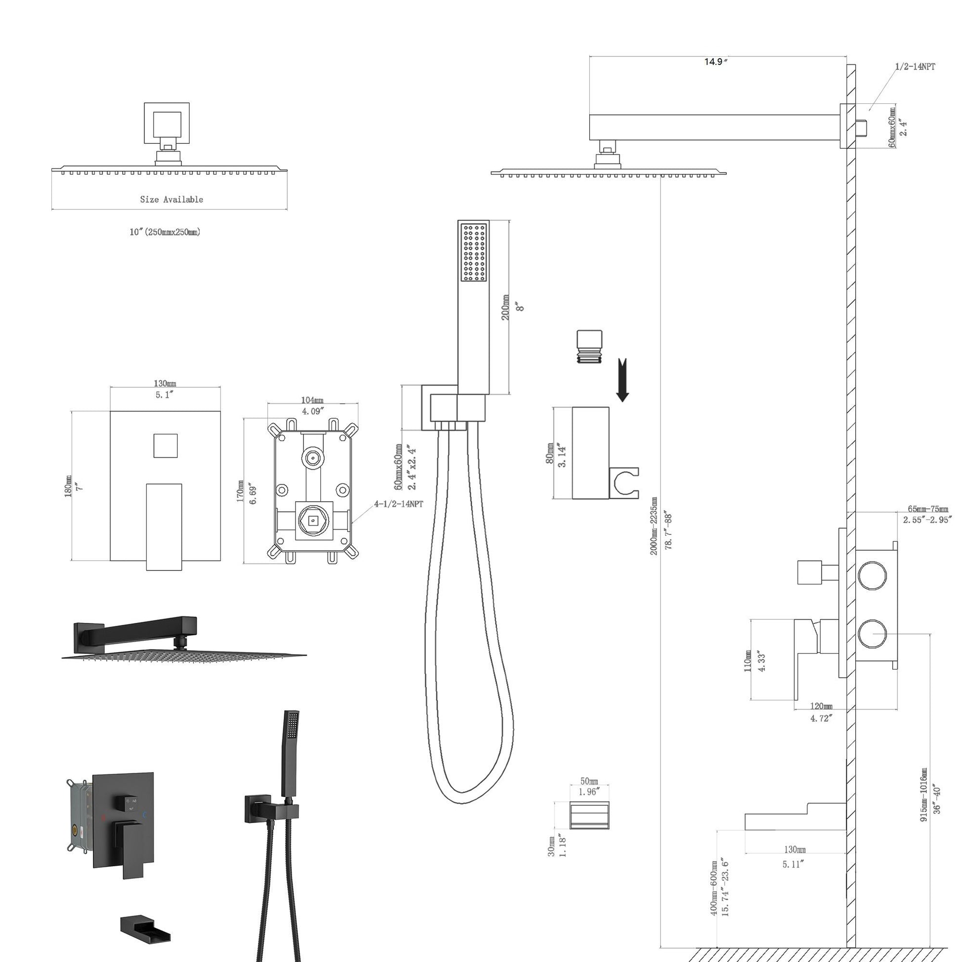 Wall Mounted Square Shower System With Rainfall Tub Spout And Handheld Shower, 10" - Matte Black Daily Nest