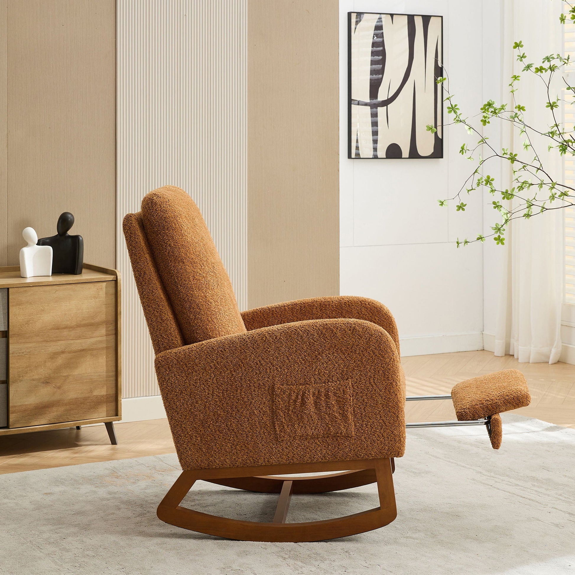 High Back Glider Rocking Chair With Retractable Footrest And Rubber Wood Legs Home Essentials