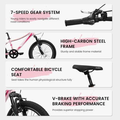 20" Children's Bicycle Shock Absorbing Front Fork 7 Speed V Brakes Mountain Tire Boys And Girls Kids Bike For Outdoor Adventure - Pink Daily Nest