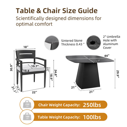 Outdoor Patio Dining Set, Squircle Dining Table, Dining Chairs With Sunbrella Cushions Life Outside