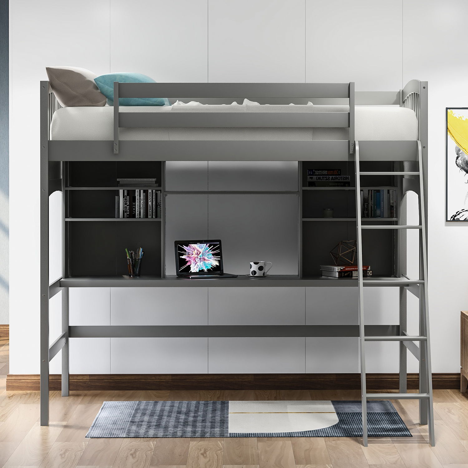 Loft Bed With Storage Shelves, Desk And Ladder DreamHaus