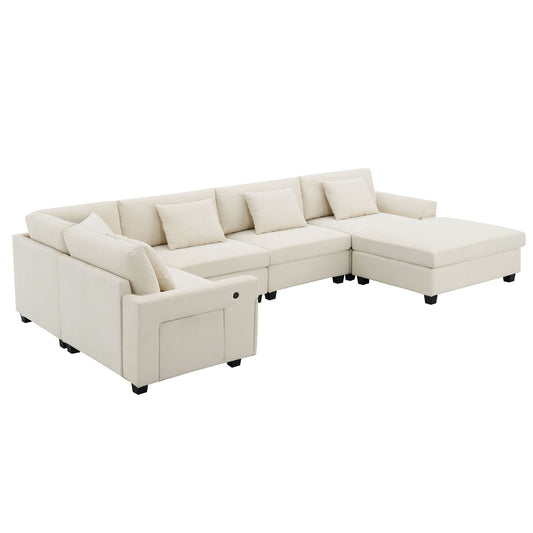 U Shaped Sectional Sofa 6 Seat Couch Set With Oversized Ottoman, Hidden Armrest Storage And Cup Holders USB Charging Ports Wide Seat Sofa Luxe & Co.