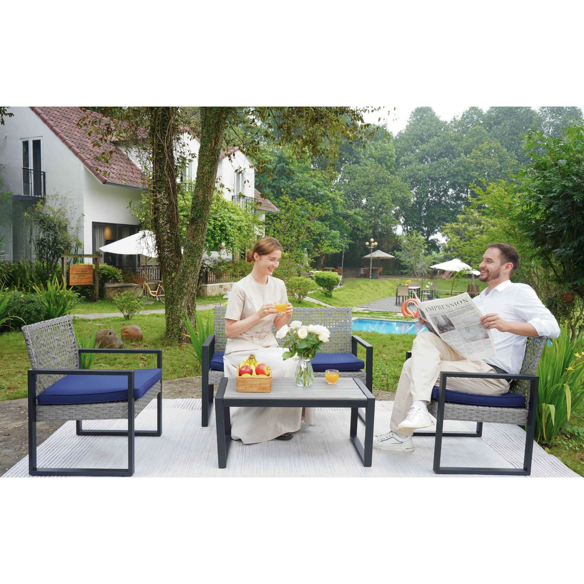 4 Piece Patio Furniture Set With Acacia Wood Table Top And Cushions Home Essentials