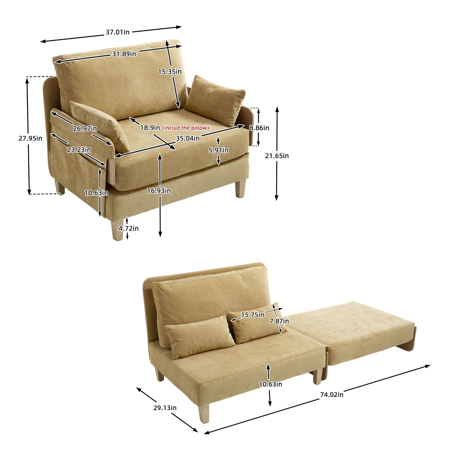 Mid Century Modern Foldable Sofa Bed, 3 In 1 Convertible Sleeper With 3 Pillows Home Essentials