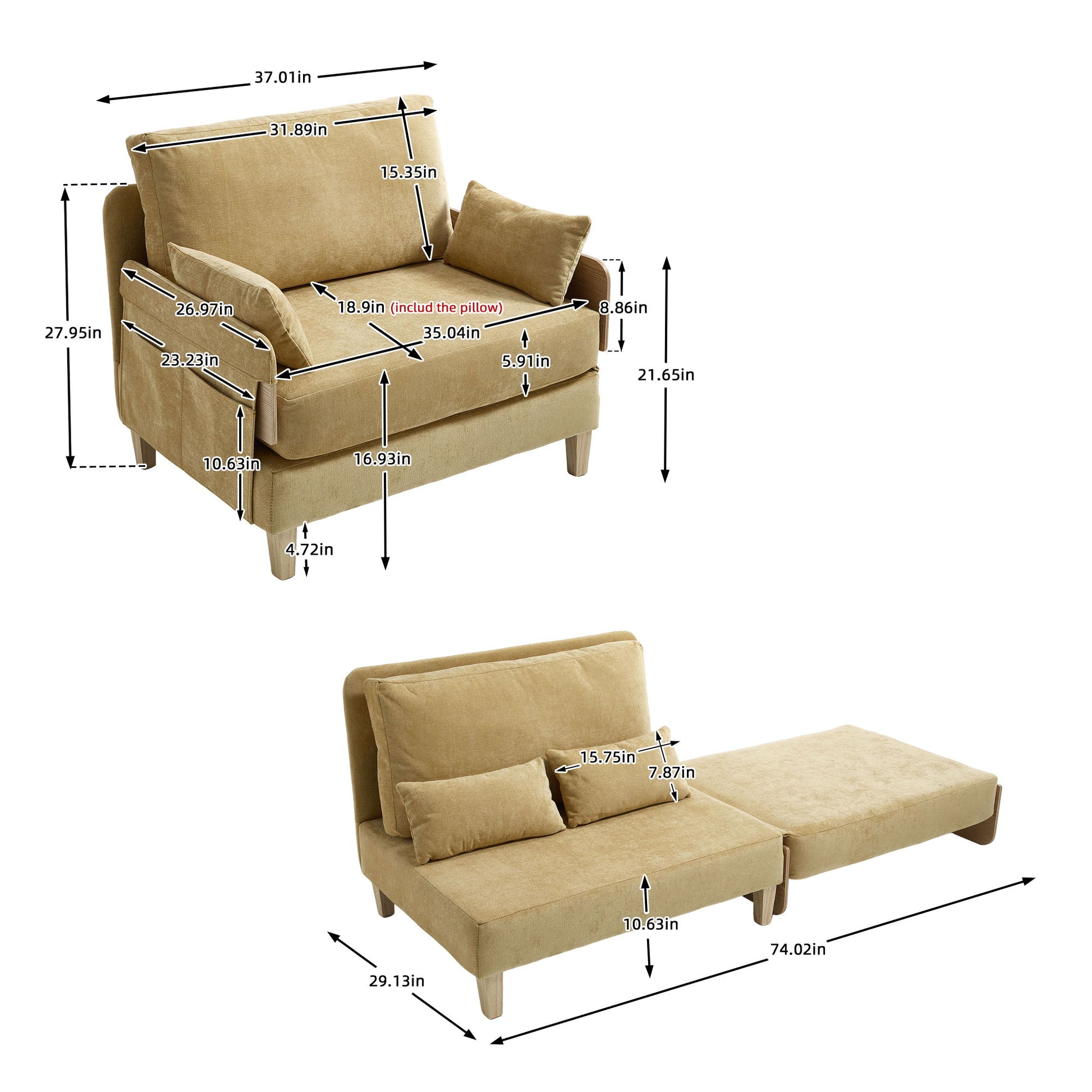 Mid Century Modern Foldable Sofa Bed, 3 In 1 Convertible Sleeper With 3 Pillows Home Essentials