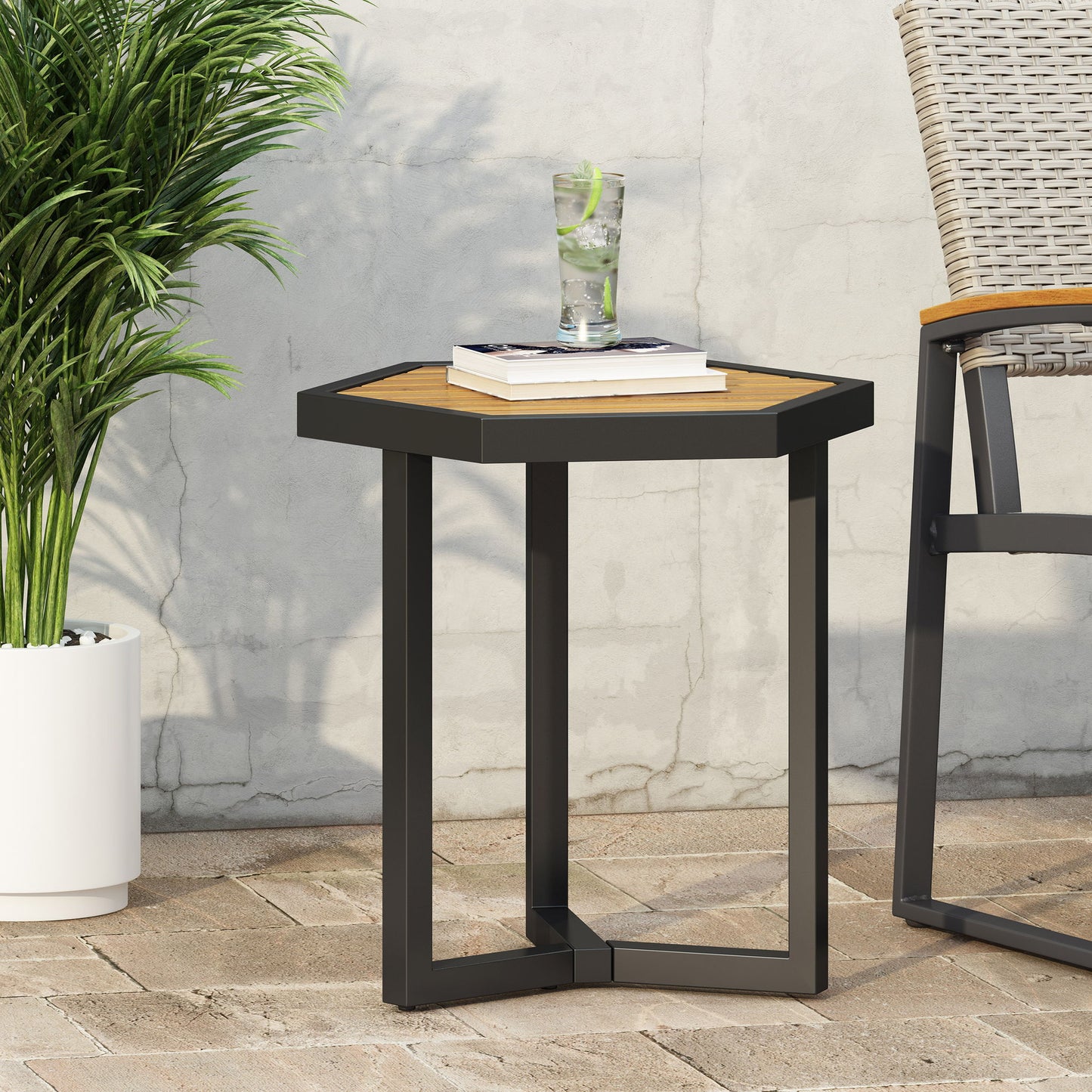 Outdoor Side Table With Iron Base And Slatted Top - Brown Noble House