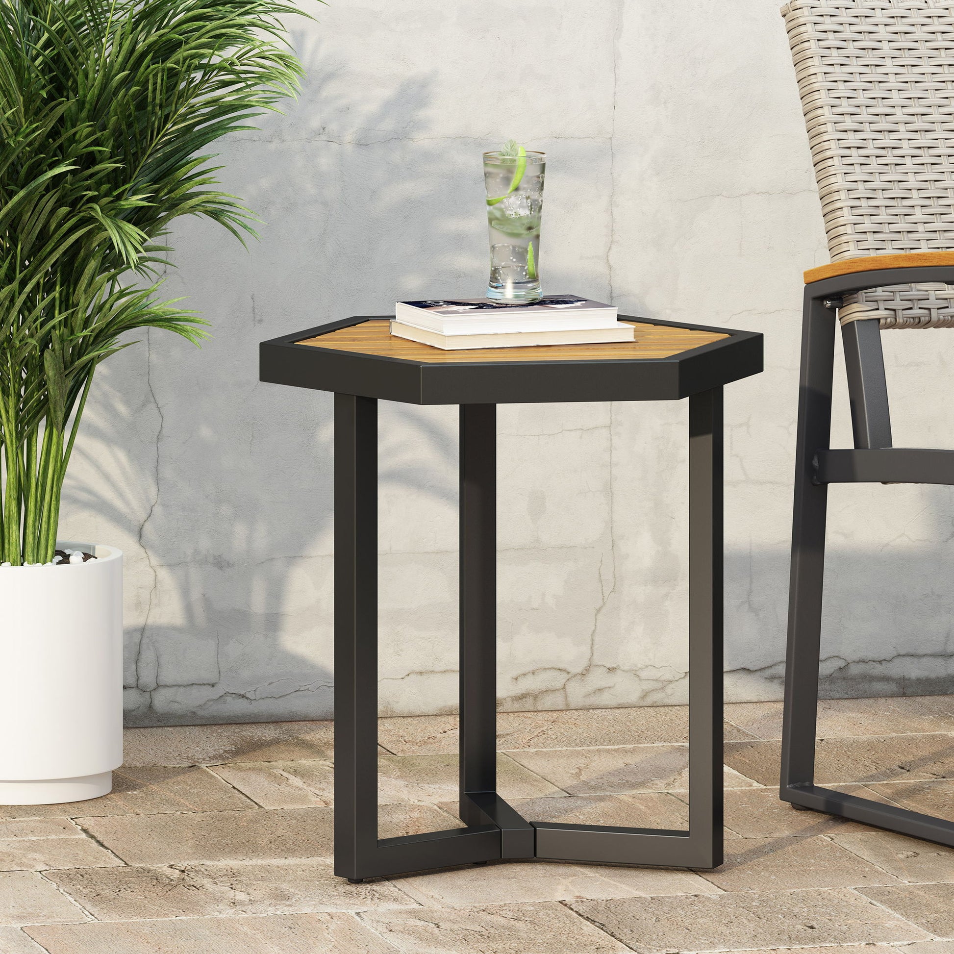 Outdoor Side Table With Iron Base And Slatted Top - Brown Noble House