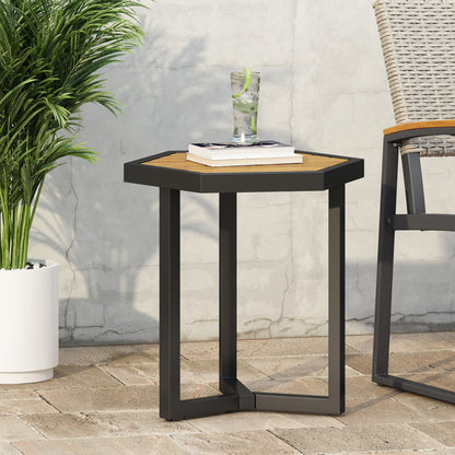 Outdoor Side Table With Iron Base And Slatted Top - Brown Noble House