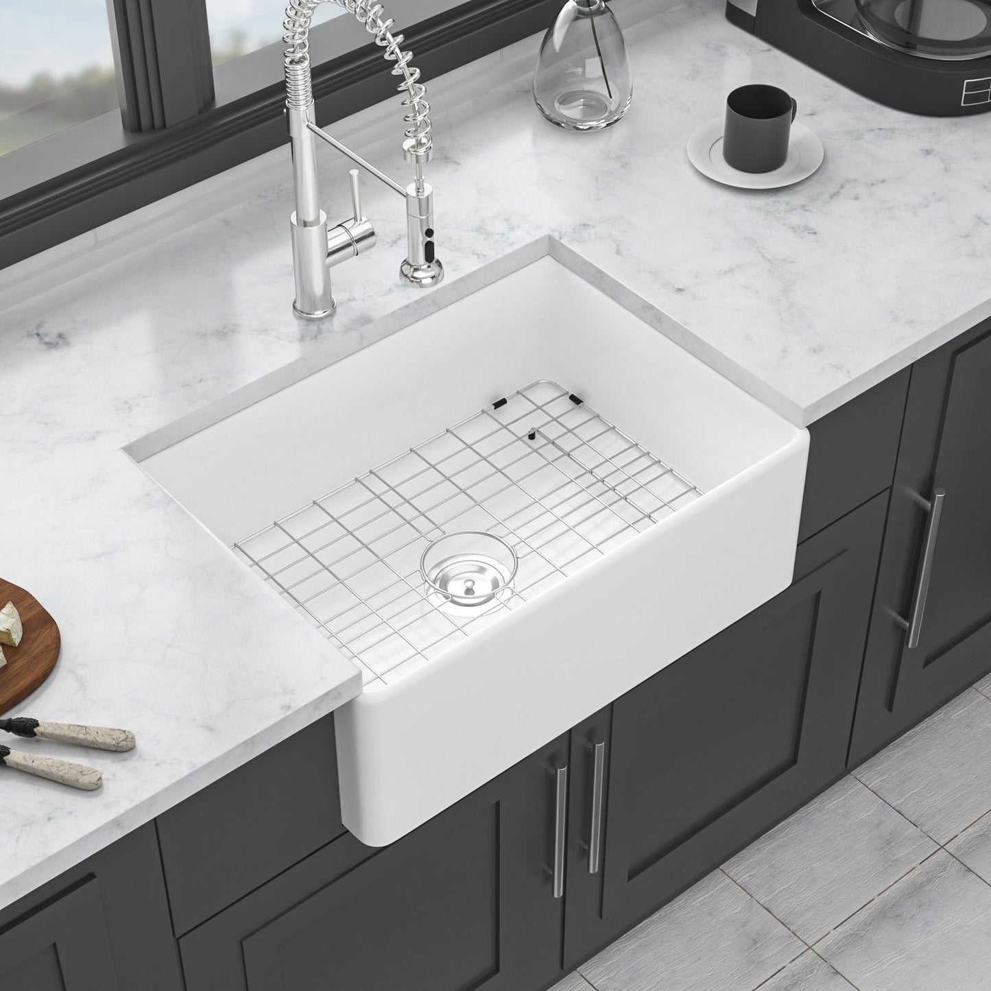 Elegant Farmhouse Apron Front Ceramic Single Bowl, Kitchen Basin Daily Nest