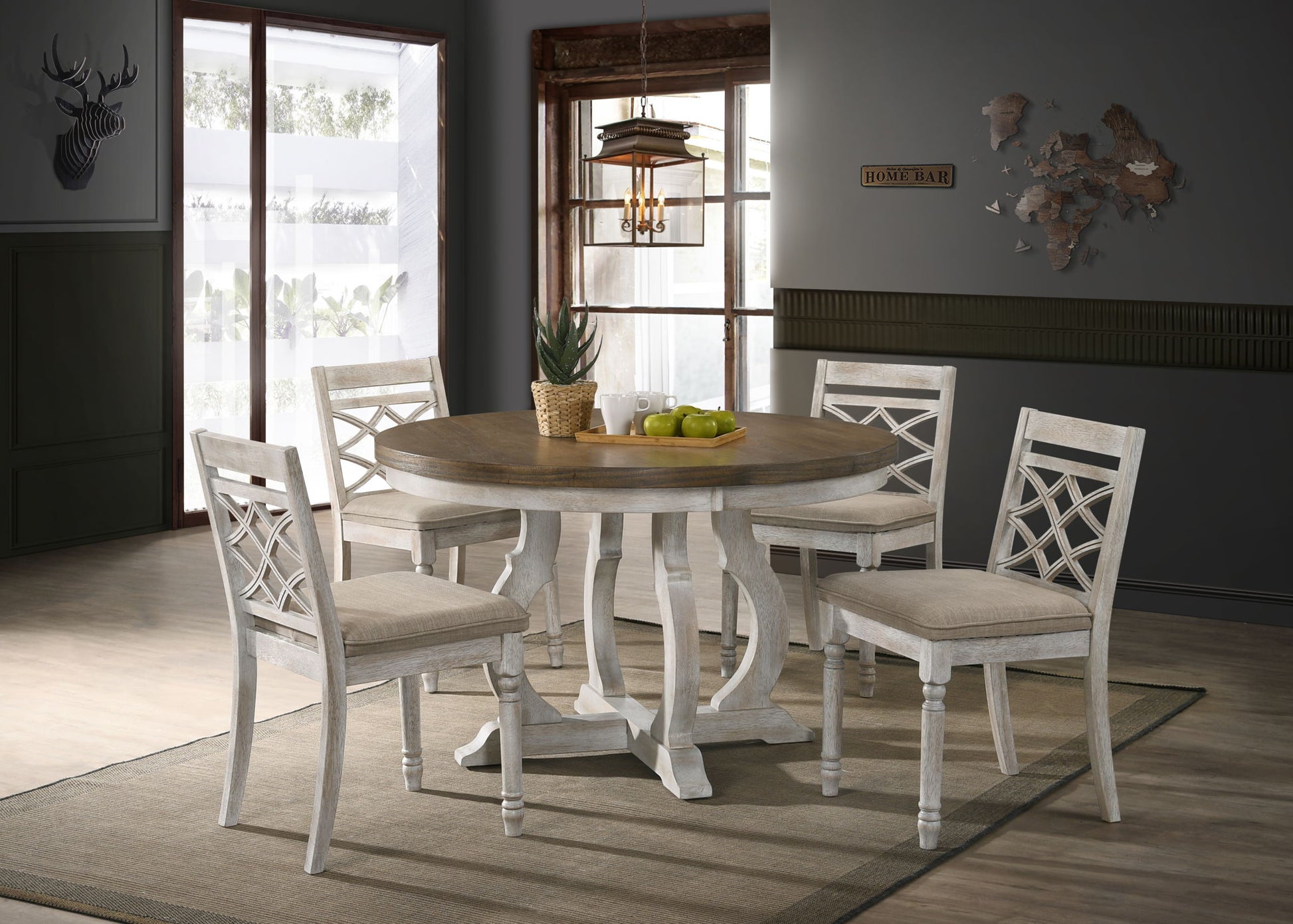 Havanna - 5 Piece Wide Contemporary Round Dining Table With Off White Fabric Chairs (Set of 5) - Vintage Walnut Lilola Home