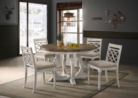 Havanna - 5 Piece Wide Contemporary Round Dining Table With Off White Fabric Chairs (Set of 5) - Vintage Walnut Lilola Home