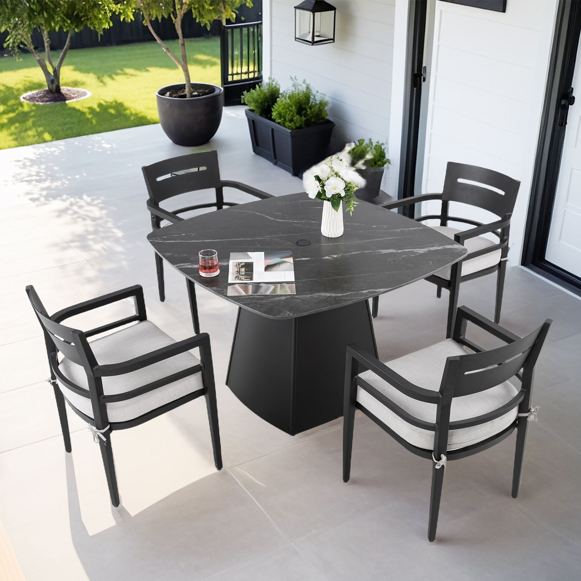 Outdoor Patio Dining Set, Squircle Dining Table, Dining Chairs With Sunbrella Cushions Life Outside