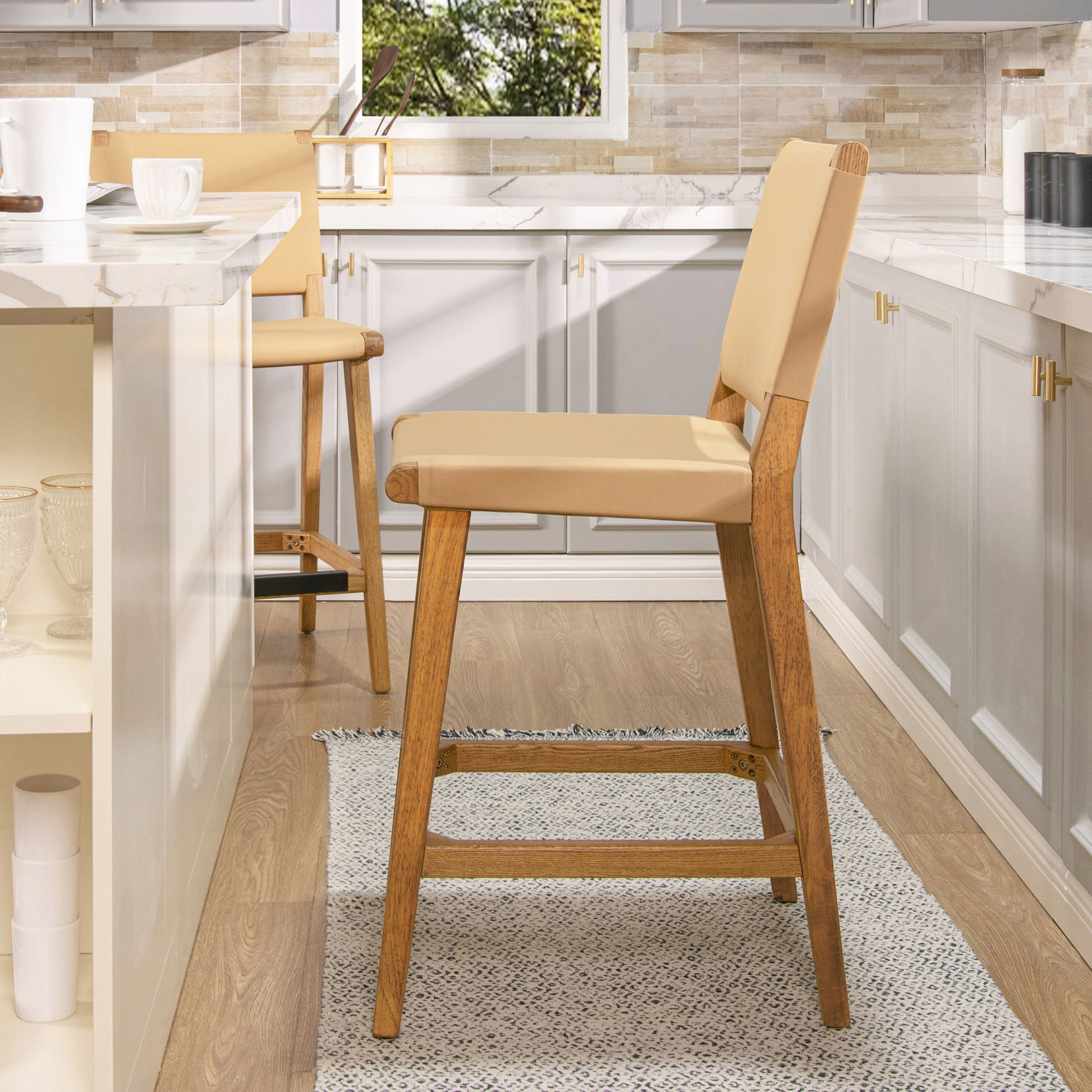 Pierre - Farmhouse Saddle Kitchen Island Counter Stool With Back - Sunkissed Beige Leather / Natural Jennifer Taylor Home