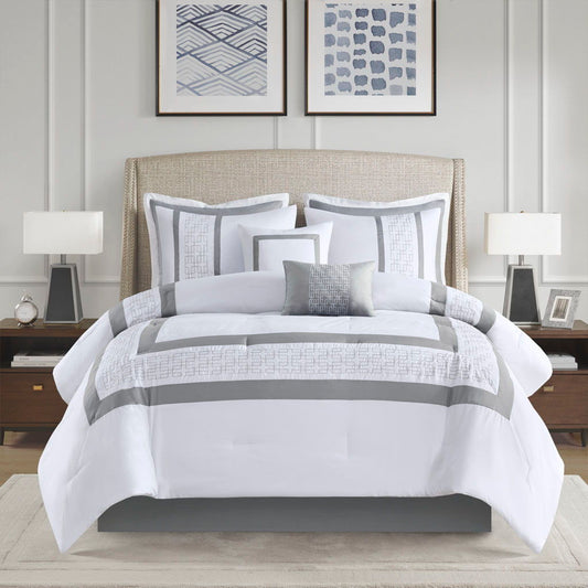 Powell - King Embroidered Comforter (Set of 8) - White 510 Design