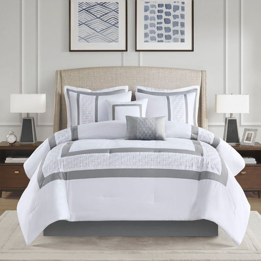 Powell - King Embroidered Comforter (Set of 8) - White