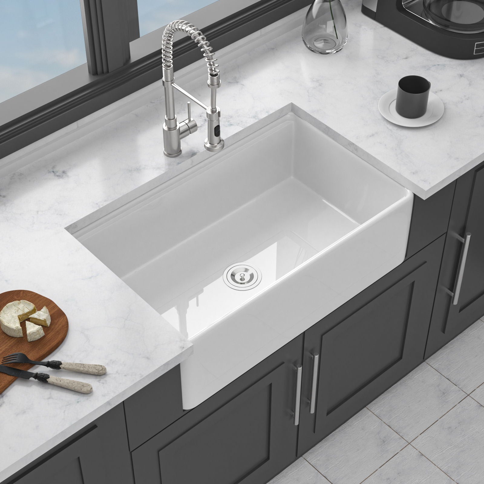 Kitchen Sink Workstation 33" Single Bowl Sink With Work Surface - White Daily Nest