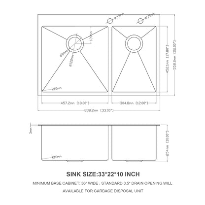 Double Bowl Kitchen Sink 16 Gauge 33" X 22" With 2 10" Deep Basins - Gunmetal Black Daily Nest