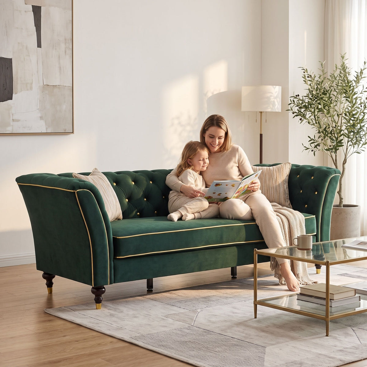 3 Person Sofa With Deep Seat, Tufted Backrest Home Essentials