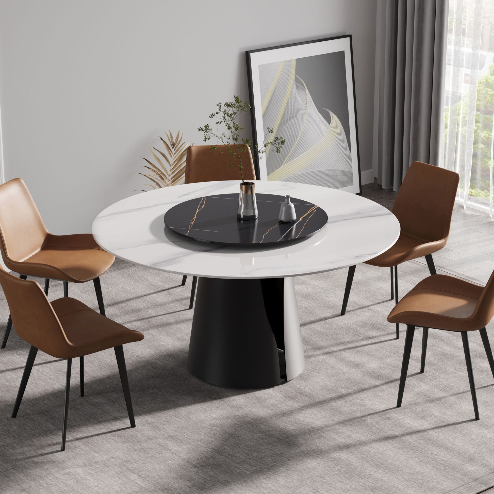 Modern Artificial Stone Round Carbon Steel Base Dining Table, Can Accommodate 6 People, Black Artificial Stone Turntable Home Essentials