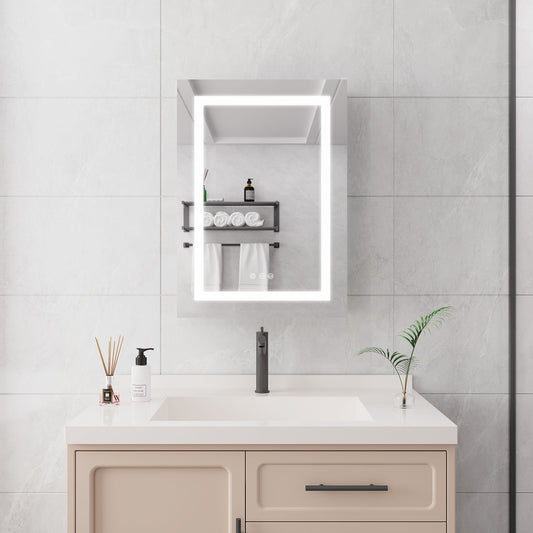 20 x 28" Bathroom Medicine Cabinet With Mirror Wall Mounted LED Bathroom Mirror Cabinet With Lights, Anti-Fog, Waterproof, Dimmable, 3000K~6000K, Single Door, Touch Swich, Storage Shelves - Silver