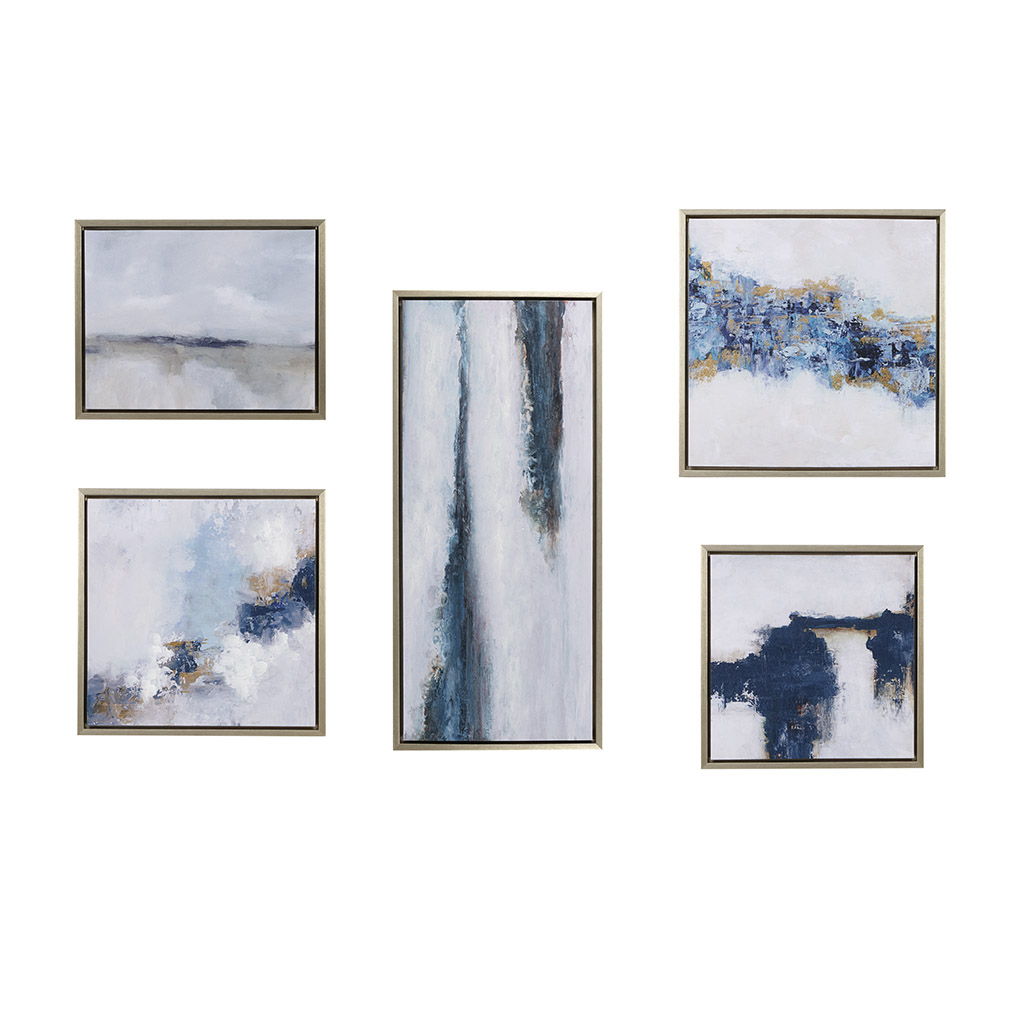 Blue Drift - Framed Embellished Canvas Gallery (Set of 5) - Multi INK+IVY