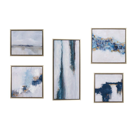 Blue Drift - Framed Embellished Canvas Gallery (Set of 5) - Multi INK+IVY