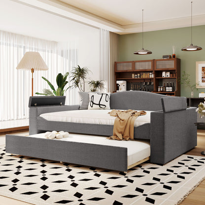 Upholstered Daybed With Storage Armrests, Trundle And Latest Integrated Bluetooth Audio System Halcyon Home