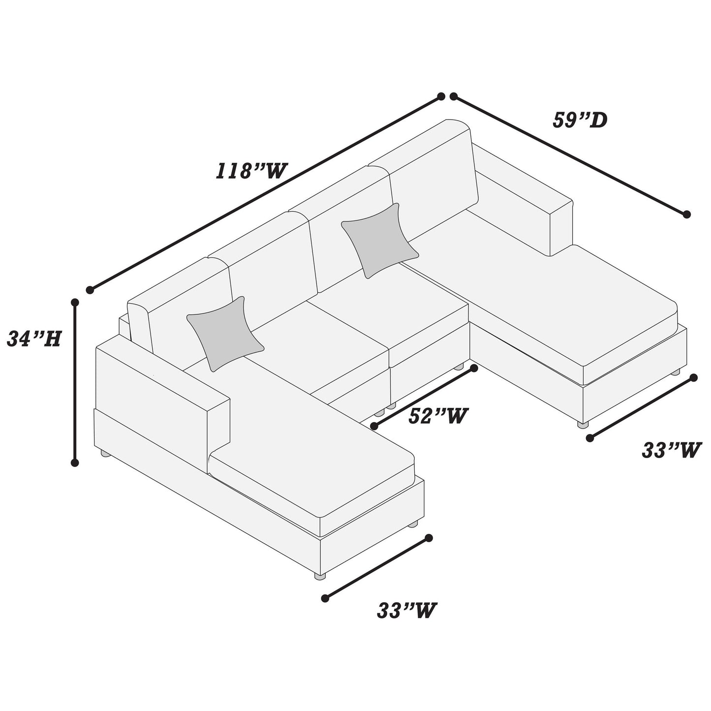 U-Shaped Sectional Set With Cushion Back Armless Chairs Right And Left Arm Chaise Home Essentials