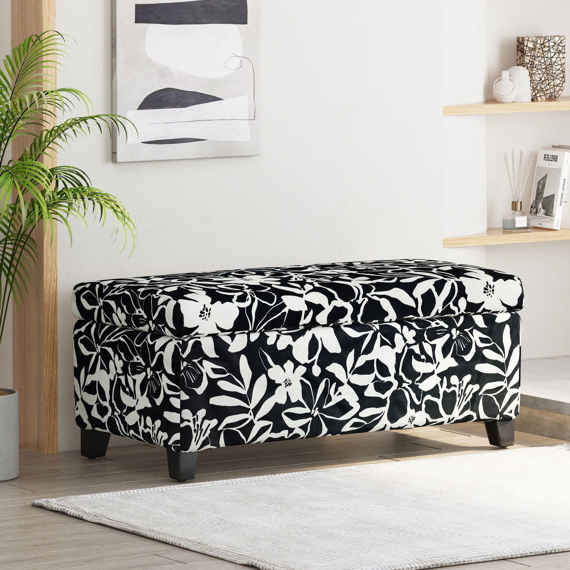 Luxury Storage Ottoman With Floral Patterned Fabric, Soft-Close Hinges, Multi Functional Noble House