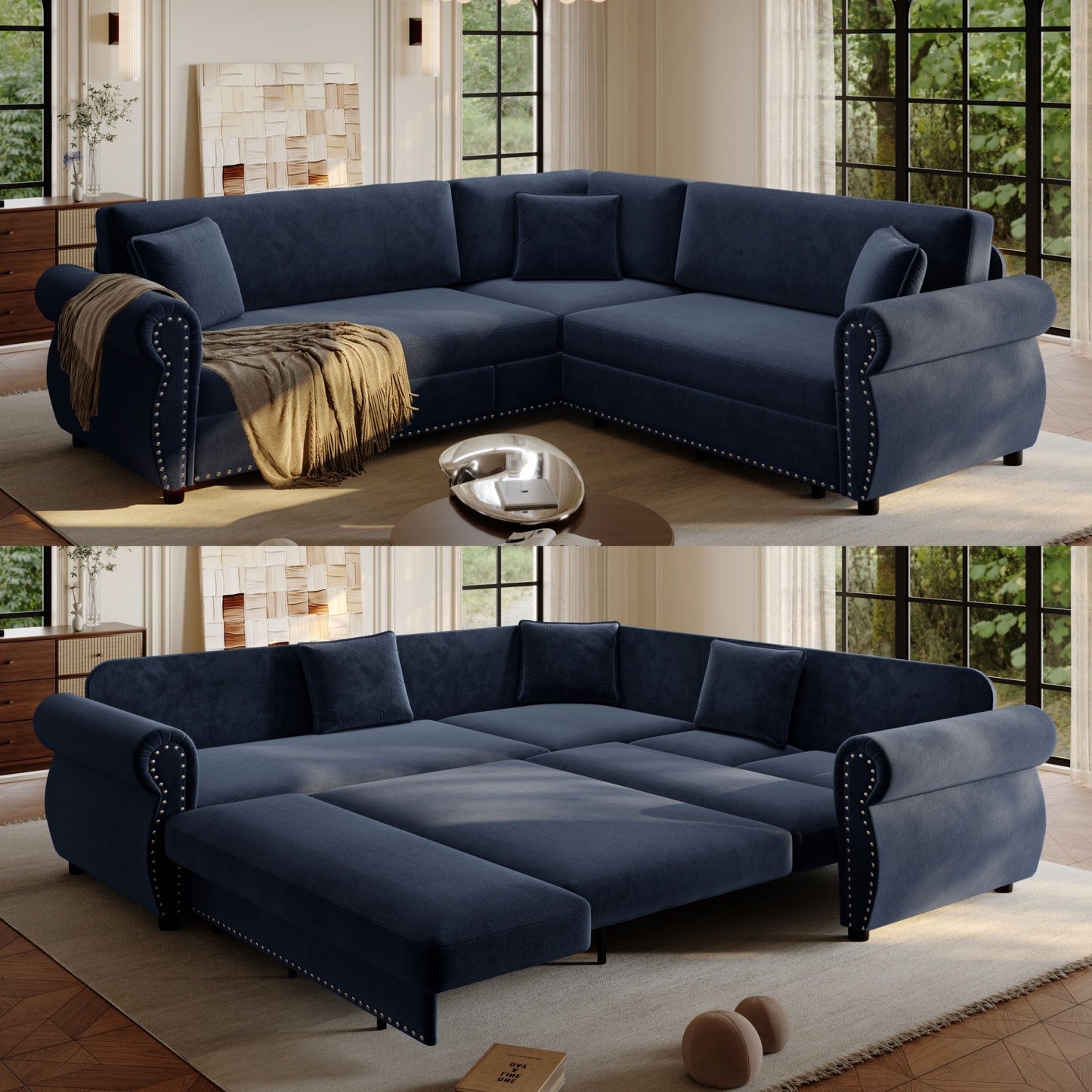 L-Shaped Sofa Couch With Pull-Out Bed Home Essentials