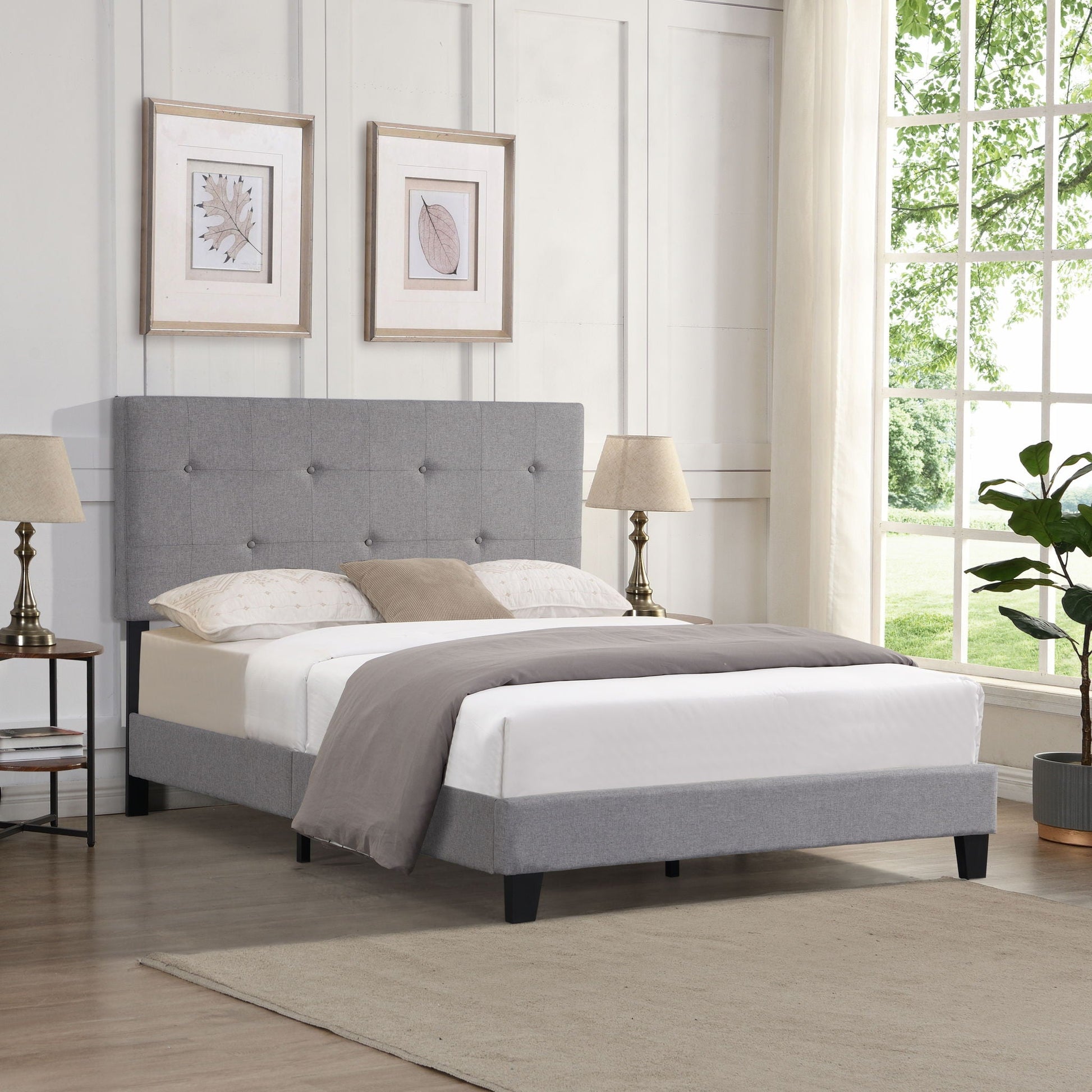 Queen Size Upholstered Platform Bed Frame With Button Tufted Linen Headboard, No Box Spring Needed, Wood Slat Support - Gray Home Essentials