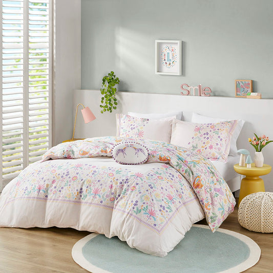 Lulu - Floral Reversible Cotton Duvet Cover Set With Throw Pillow - Purple Urban Habitat Kids