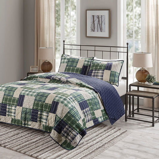 Timber - King 3 Piece Reversible Printed Coverlet Set - Green / Navy Madison Park