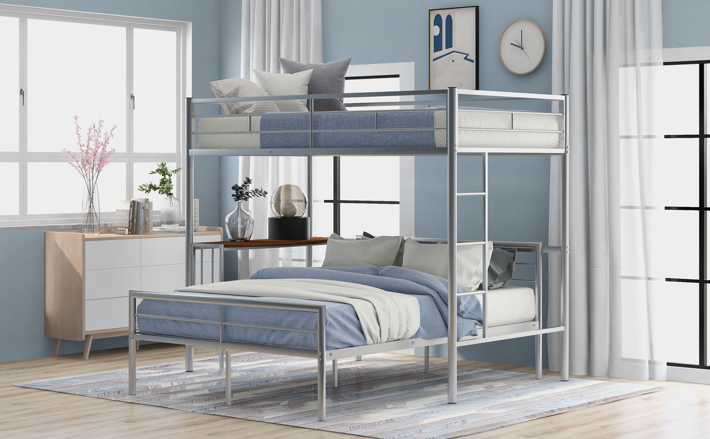 Twin Over Full Metal Bunk Bed With Desk, Ladder And Quality Slats For Bedroom - Silver