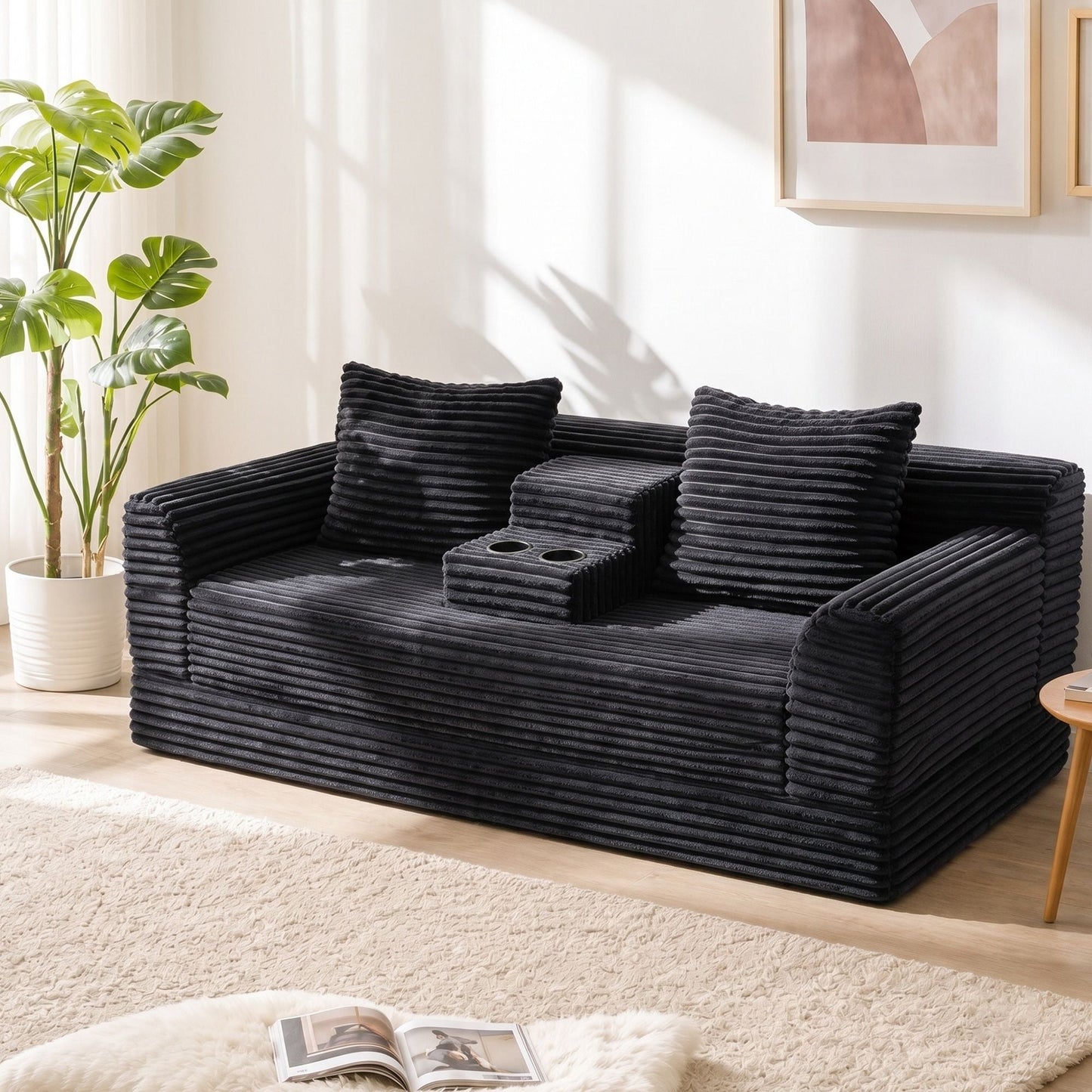 Soft Striped Convertible Sofa Bed, Dual Use Lounge Couch With Cup Holders And Pillows Home Essentials
